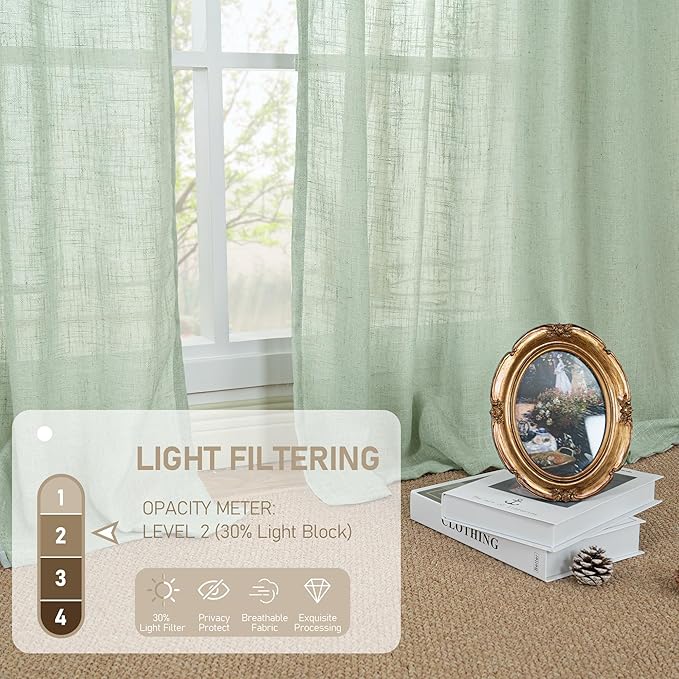 LAMIT Fresh Green Linen Sheer Curtains 45 inch for Kitchen, Soft Thick Light Filtering Boho Decor Neutral Drapes with Bronze Grommet for Basement/Window, 2 Panels, 34 x 45 Inch