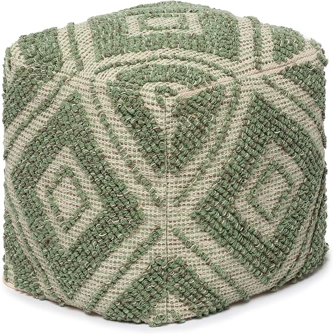 REDEARTH · Tufted Pouf Ottoman with Filler Textured Storage Cube Bean Bag Pouffe Footrest for Living Room, Bedroom, Nursery, Kidsroom; 100% Cotton (17.5"X17.5"X17.5", Solitaire Lozenge Kiwi)