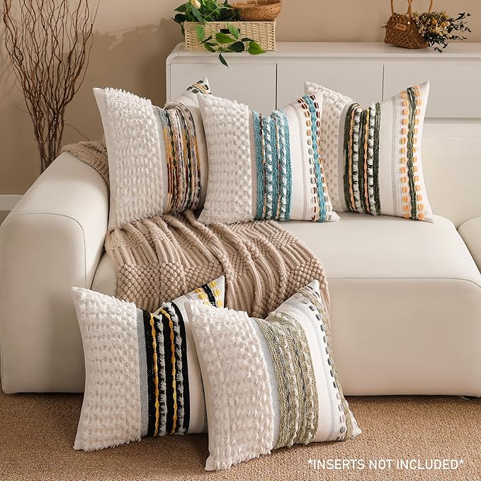 Boho Chenille Tufted Couch Throw Pillow Covers 18x18 Inch Set of 2 Farmhouse Striped Decorative Pillow Covers Accent Neutral Pillowcase Dark Green Cushion Cover for Living Room Sofa Bed