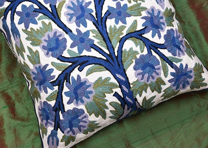 Blue Tree of Life Pillow Cover Indigo Plant Floral Pillowcase Needlepoint Botanical Flower Suzani Cushions Traditional Boho Modern Floral Cushion Wool Size - 18x18