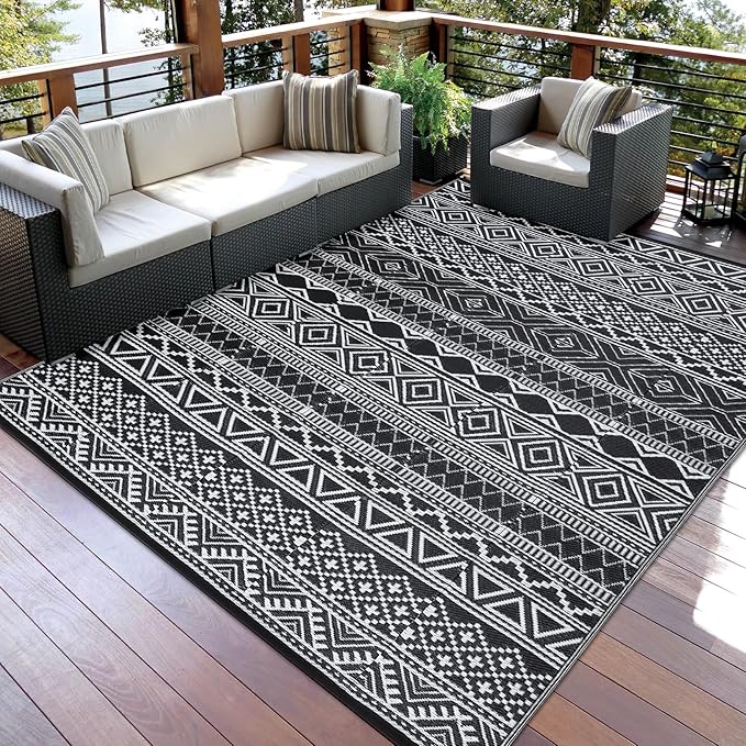 GAOMON Outdoor Rug Waterproof 8'x10', Reversible Outdoor Plastic Straw Rug, Boho Patio Rug, Indoor Outdoor Carpet, RV Mat Outside for Patio, Camp, Picnic, Balcony, Deck, Black/White(Bohemia)