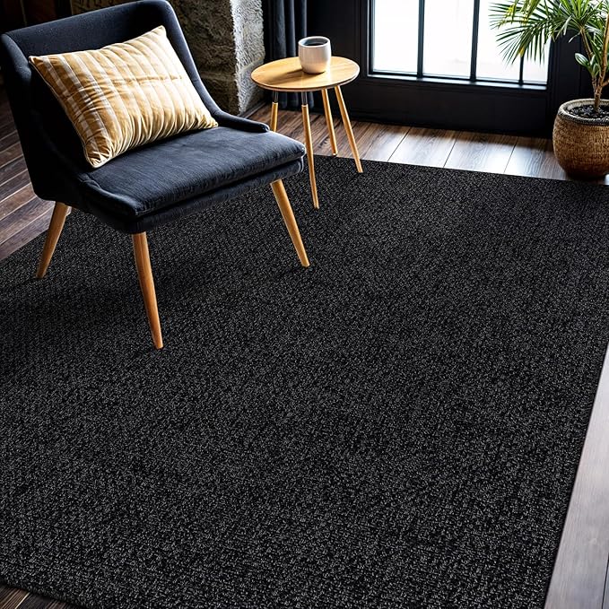CAMILSON Easy Jute Rug 4x6, Indoor Outdoor Dark Gray Black Farmhouse Area Rugs for Living Room Patio and Kitchen Rug, Solid Boho Woven Design, Easy-Cleaning, Washable Outside Carpet Alfombras (4 x 6)