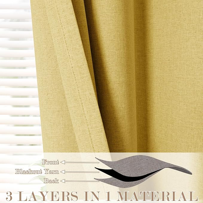100% Blackout Linen Textured Drapes for Bedroom Pinch Pleated Curtains for Track System Portable Drapery for Sliding Glass Door/Storage/Space Room Divider, 70" Wx102 L, 1 PC, Yellow