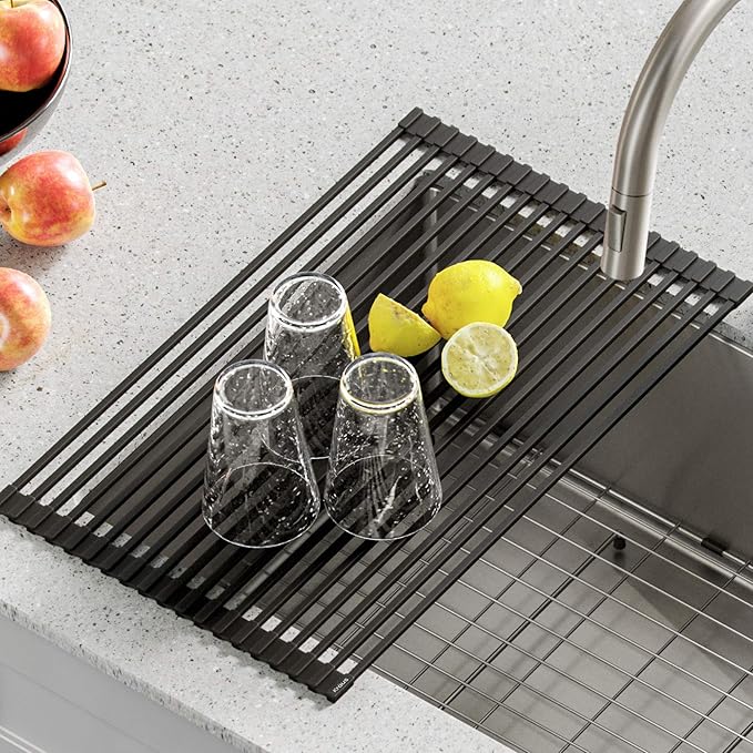 KRAUS Multipurpose Over-Sink Roll-Up Dish Drying Rack, Colander and Trivet in Aqua, KRM-10AQ