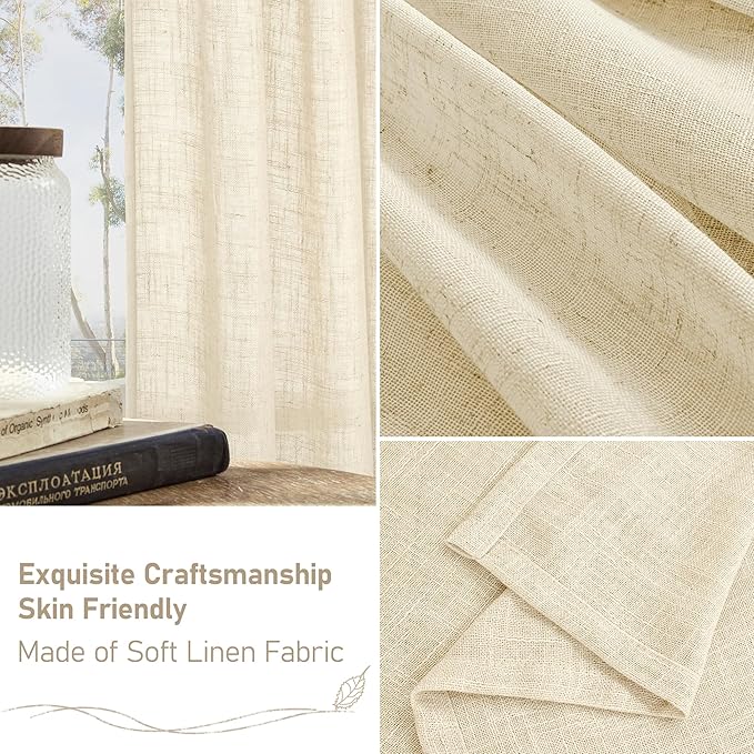 LAMIT Beige Linen Curtains for Windows 2 Panels Set, 48 Inch Linen Textured Light Filtering Drapes Bronze Grommet Boho Panels for Farmhouse/RV Camper/Loft, 34 x 48 Inch