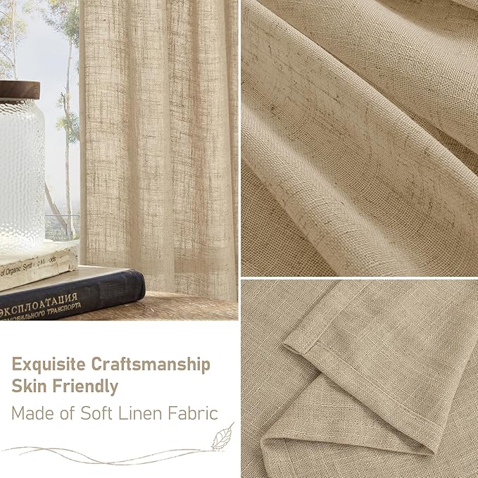 LAMIT Brown Sheer Linen Curtains 48 inches Length 2 Panels, Short Light Filtering Linen Textured Curtains for Kitchen/Window/Cafe/Loft Room, 34 x 48 Inch