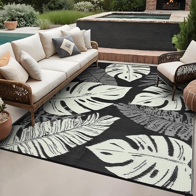 GAOMON Outdoor Rug Waterproof 9x18 Patio Rug Reversible Camping Mat, Foldable Portable Outdoor Plastic Straw Rugs RV Picnic Carpet with Bag & 4 Stakes, UV Resistant Outside Carpet for Deck Balcony
