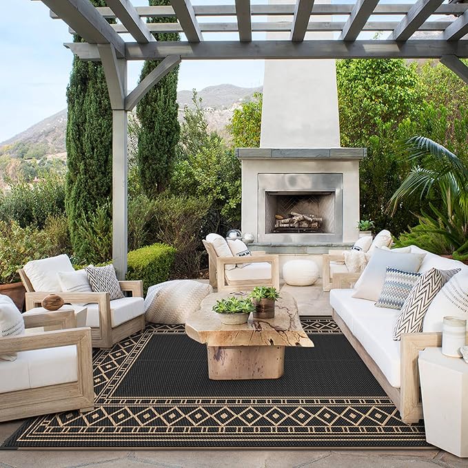 GENIMO Outdoor Rug 5'x8' Waterproof for Patio, Reversible Outdoor Plastic Straw Rug Carpet, Camping Mats for Outdoor Decor, RV, Backyard, Deck, Balcony, Picnic, Black & Brown