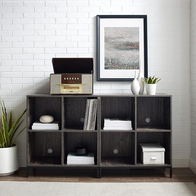 Crosley Furniture Jacobsen 2-Piece Vinyl Record Storage Cube Bookcase Set and Record Player Stand, Brown Ash