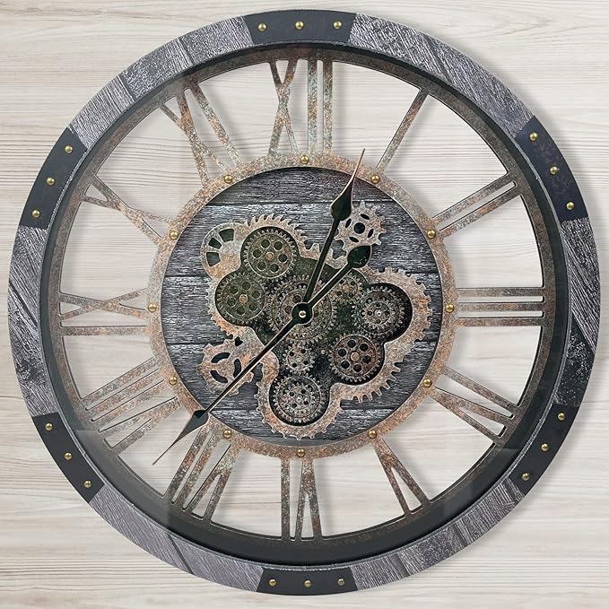 DORBOKER 30" Large Wall Clock Moving Gears,Oversized Industrial Rustic Farmhouse Clocks for Living Room Decor Office Home, Solid Wood Retro Metal HD Tempered Glass Cover,Carbon Grey