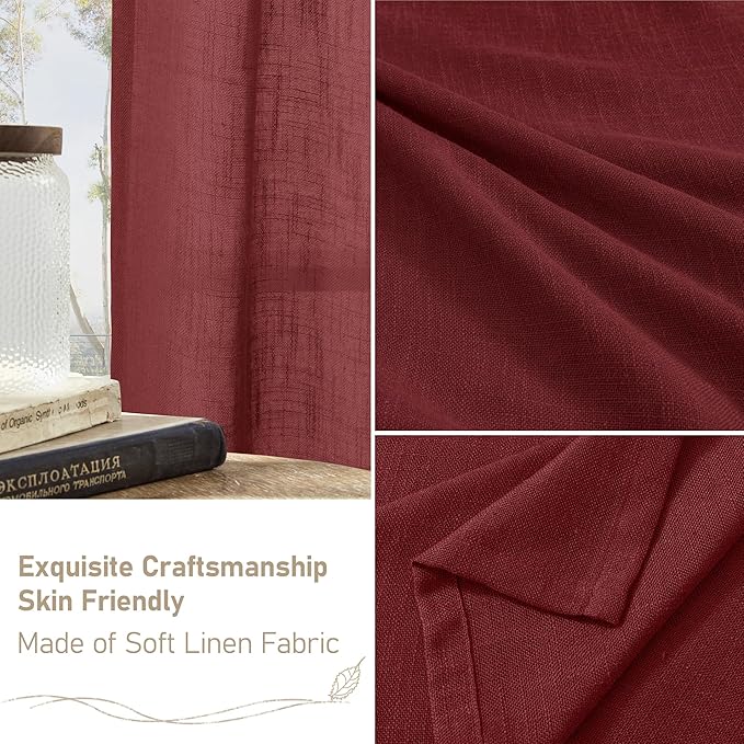 LAMIT Burgundy Red Sheer Linen Curtains 63 Inch Length, Linen Textured Light Filtering Panels Bronze Grommet Christmas Decor Drapes for Bedroom/Living Room, 2 Panels Set, 34 x 63 Inch