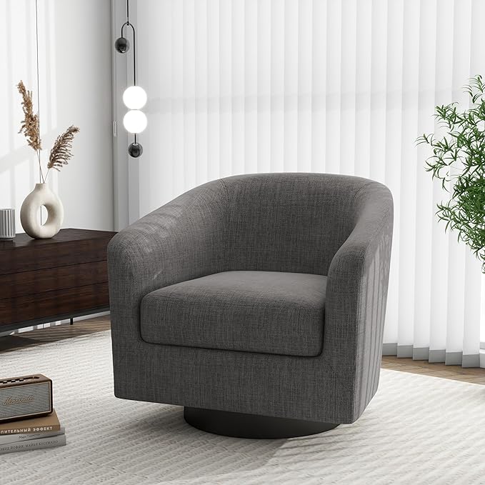 Swivel Barrel Accent Chair, Modern Round Linen Arm Chair for Living Room, Bedroom, Comfy Club Reading Chairs for Adults（Linen Fabric, Grey, Set of 1