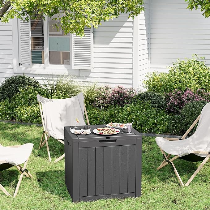 32 Gallon Deck Box Lockable Resin Indoor Outdoor Storage Box waterproof Outdoor Container for Patio Furniture, Pool Accessories, Cushions, Garden Tools, Sports Equipment