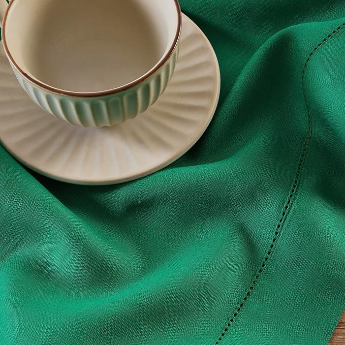 Solino Home Linen Emerald Green Hemstitch Table Runner 48 Inches - 100% Pure Linen Small Table Runner 14 x 48 Inch Ideal for Dresser and Coffee Tables - Classic Hemstitch