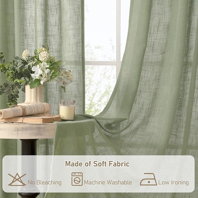 LAMIT Sage Green Linen Curtains for Windows 2 Panels Set, 48 Inch Linen Textured Light Filtering Drapes Bronze Grommet Boho Panels for Farmhouse/RV Camper/Loft, 34 x 48 Inch