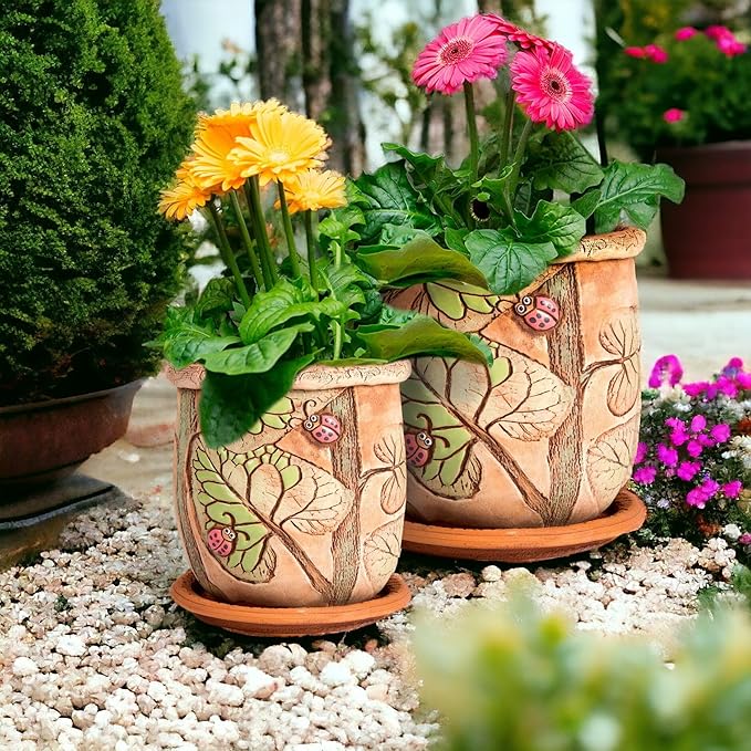 Ceramic Pot with Drainage Hole and Saucer, Plant Pots, Modern Decorative Planters for House Plants Indoor Flowers Plants, Cute Flower Pot - Gifts (Ladybugs (3 L))