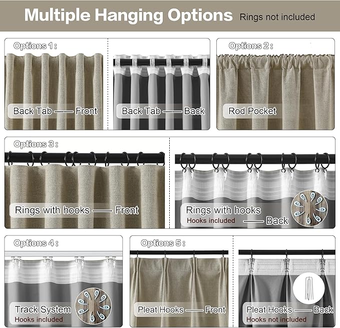 RAIN CITY Taupe Blackout Curtains Back Tab Rod Pocket Curtains 63 Inches Long, Linen Burlap Textured Room Darkening Curtains for Bedroom Nursery 2 Panels 50x63