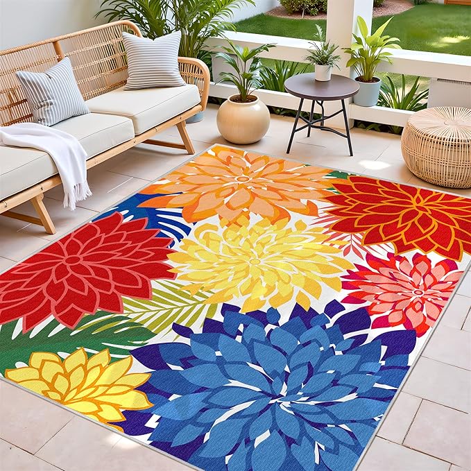 Indoor Outdoor Area Rug Washable Rugs Multicolored Patio Rug Tropical Botanical Modern Floral Indoor Outdoor Carpet Non Slip for RV, Pool Deck, Backyard, Porch (4x6)