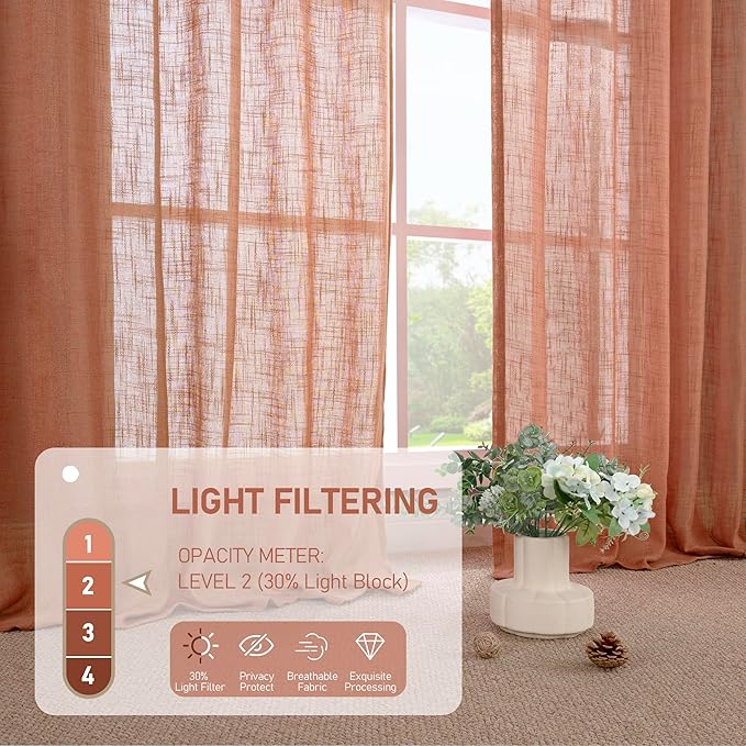 LAMIT Short Linen Window Curtains 30 Inches Long 2 Panels, Terracotta Semi Sheer Light Filtering Panels Bronze Grommet Room Decor Drapes for Basement/Small Windows, 34 x 30 Inch