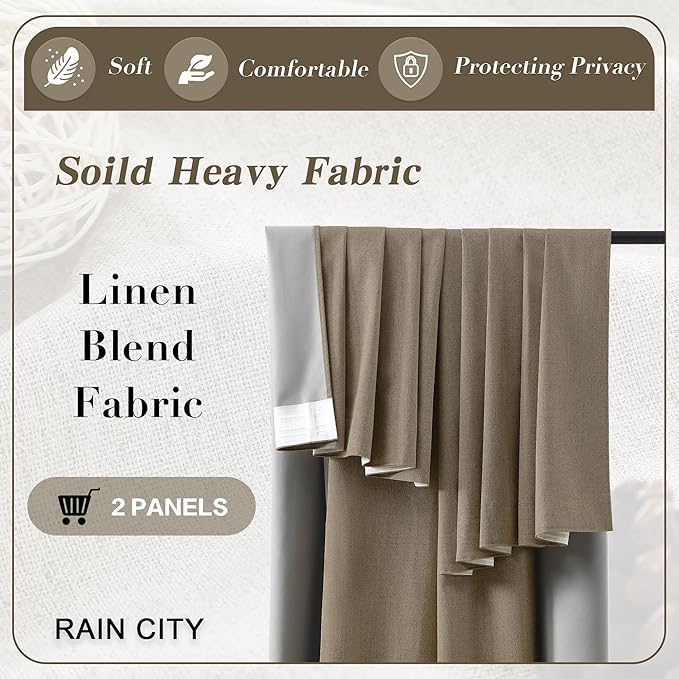 RAIN CITY Extra Wide Blackout Curtains 2 Panels Set,70 Inch Wide Back Tab Pleated Curtains with Hooks Track System,Energy Efficinet Drapes for Dining Room Hoom Office 70x108 in Length,Linen Brown