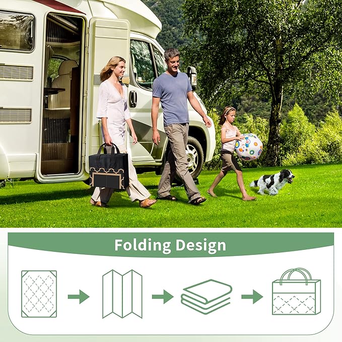 GENIMO 5' x 8' Outdoor Rug Waterproof for Patio Decor, Foldable Reversible Plastic Straw Area Rugs Mat for Camper, Outside Carpet for Rv, Deck, Porch, Picnic, Beach, Balcony, Black & Brown