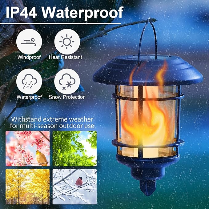 Dynaming Solar Flame Wall Lanterns, Outdoor Solar Wall Hanging Lights, Flickering Flame LED Lights Auto On/Off Wall Mounted Sconce Lights with Hooks, Waterproof for Garage Stair Patio Porch, 2 Pack
