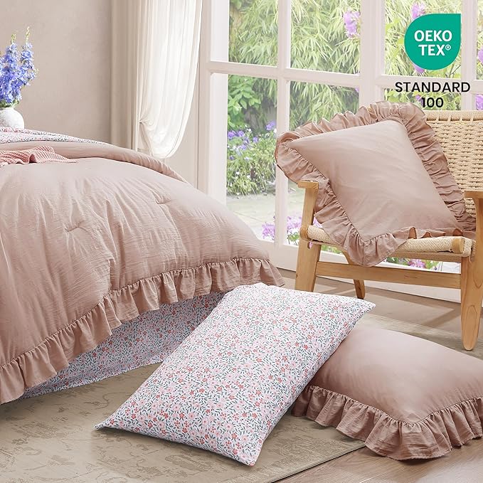 Full Comforter Set - 7 Pieces Ruffle Pink Bedding Sets, Shabby Chic Farmhouse Bed in a Bag Full with Ruffle Comforter, Floral Sheets, Pillowcases & Shams