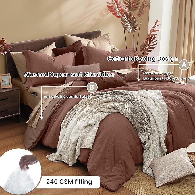 Monbix King Size Comforter Set, Terracotta King Size Bed Set Reversible, King Comforter Set 7 Pieces, Cationic Dyeing Bed in a Bag with Comforter, Sheets, Pillowcases & Shams