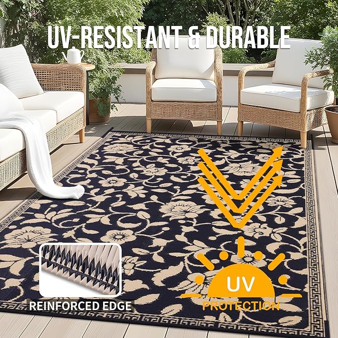 OLANLY Waterproof Outdoor Rug 6x9 ft, Outdoor Plastic Straw Rug with Flower Pattern, Reversible RV Mat for Patio, Camping, Balcony, Deck, Backyard, Black & Beige