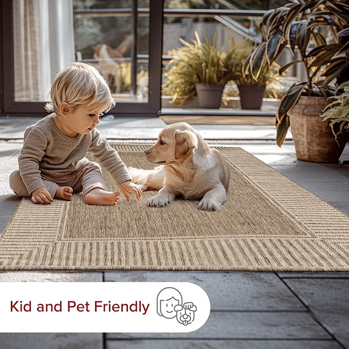 nuLOOM 4' x 6' Outdoor Area Rug, Casual Design With Striped Border, Stain Resistant, Highly Durable, For Patio, Balcony, Bedroom, Living Room, Dining Room, Bathroom, Light Brown
