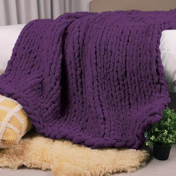 Carriediosa Chunky Knit Throw Blanket 60" X 80" Twin, 100% Hand Made Large Chenille Loop Yarn Soft Fluffy Throws for Couch Sofa Bed, Big Crochet Cozy Heavy Thick Cable Woven Blanket, Dark Purple