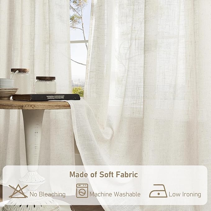 LAMIT Short Linen Sheer Curtains 54 inch Length for Windows, Cream Ivory Light Filtering Panels Bronze Grommet Boho Neutral Drapes for Bedroom/Bathroom/Cafe, 34 x 54 Inch, 2 Panels