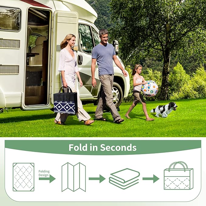 GENIMO Outdoor Rug Waterproof for Patio Decor, 8'x10' Foldable Reversible Plastic Straw Carpet for Travel Trailers, Outside Area Mat for Rv, Deck, Picnic, Porch, Camper, Balcony, Beach, Blue & White
