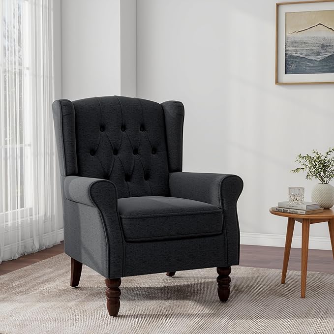Accent Chair, Upholstered Armchair with Button Tufted High Back & Solid Wood Legs, Comfy Wingback Reading Single Sofa Chair for Small Spaces, Living Room, Bedroom-Blue,1 SEAT