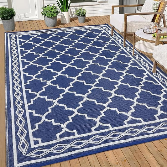 GAOMON Outdoor Rug Waterproof 8'x10', Reversible Outdoor Plastic Straw Rug, Boho Patio Rug, Indoor Outdoor Carpet, RV Mat Outside for Patio, Camp, Picnic, Balcony, Deck, Navy/White(Geometric)