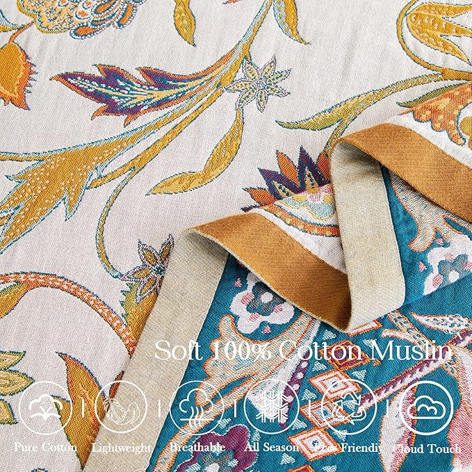 Fall Throw Blanket for Couch, Brown Boho Decorative Throw Blanket, 100% Cotton Muslin Breathable Woven Farmhouse Blankets Quilt, 90"x98" Reversible Lightweight Blankets Bohemian Throw Quilt