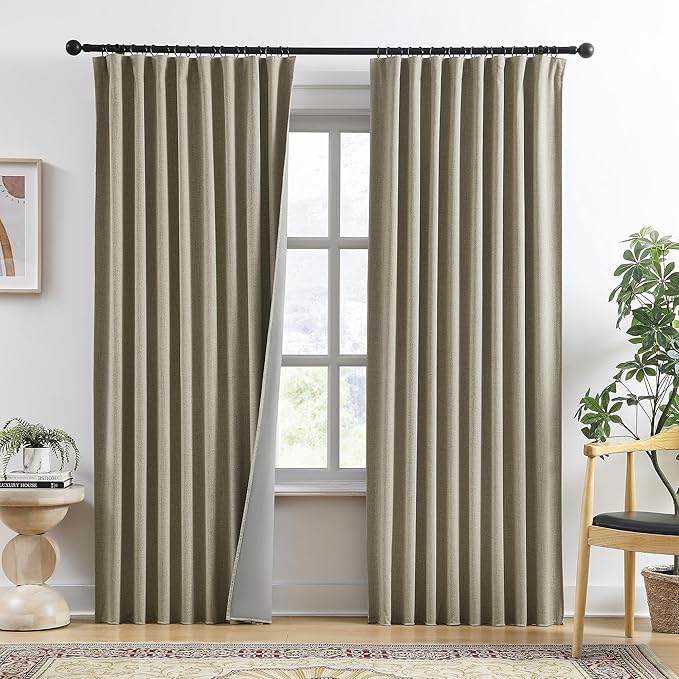 RAIN CITY Light Taupe Blackout Textured 90 Inch Long Linen Blend Curtain Draperies Back Tab with Hooks - Energy Saving Thermal Insulated Curtains for Living Room (2 Panels,W 50 x L 90 Inch)