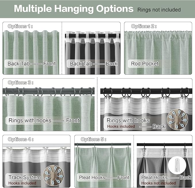 RAIN CITY Light Green Linen Blackout Curtains 45 Inch Long for Living Room,2 Panels Pinch Pleated Drape with Hooks Back Tab Boho Decor, Textured Full Black Out Curtains for Bedroom 50 x 45