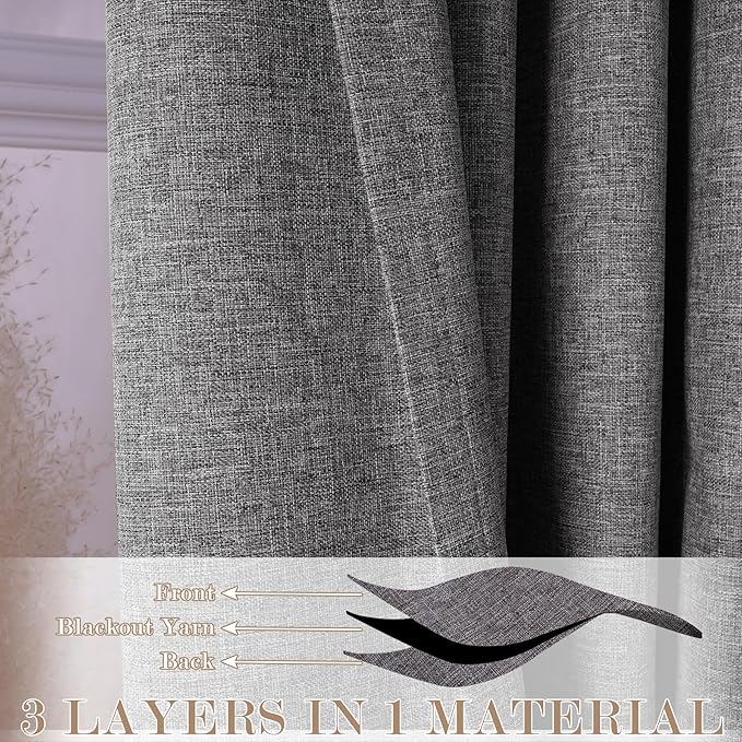 100" W x 84" L Faux Linen Room Divider Curtains, Full Blackout Pinch Pleated Drapes for Traverse Rod, Bedroom Divider Privacy Drapery with Hooks for Ceiling Track, 1 Panel, Gray
