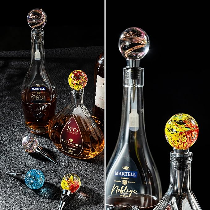 Pack of 3 Wine Bottle Stopper, Galaxy Pattern Art Murano Glass Wine Stopper, Multicolor Leak-Proof and Reusable Wine Saver, Preserves Beverage Freshness