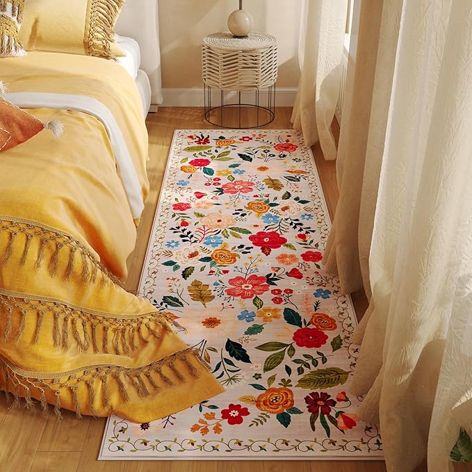 Runner Rug for Hallways Kitchen Rug Non Slip 2'6''x8' Washable Rugs with Rubber Backing Soft Floral Carpet Runner for Hallways, Kitchen, Laundry, Bedroom, Bathroom(Beige)