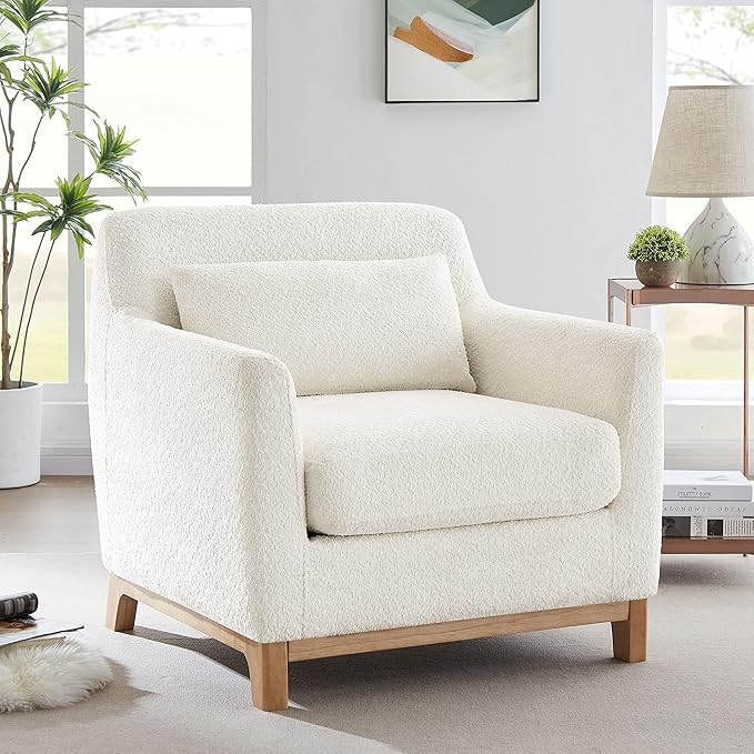 Extra Deep Accent Chair, Fabric Upholstered Comfy Reading Armchair for Living Room, Bedroom Single Seat Sofa Chair with Wood Base, Lamb Fabric