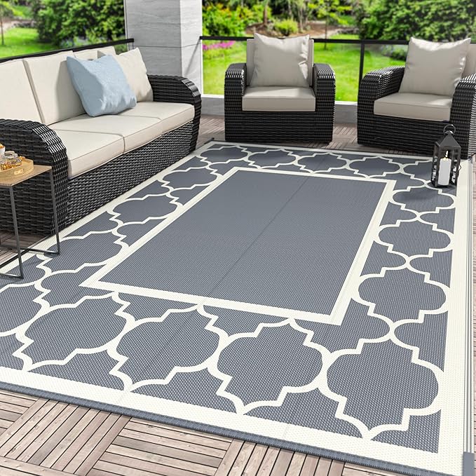 GENIMO 6' x 9' Outdoor Rug Waterproof for Patio Decor, Foldable Reversible Plastic Straw Area Rugs Mat for Camper, Outside Carpet for Rv, Deck, Porch, Picnic, Beach, Balcony, Grey & Beige White