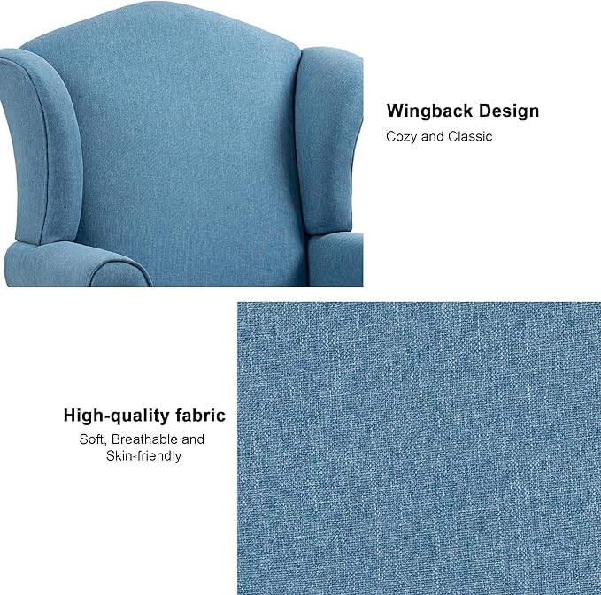Accent Chair, High Back Upholstered Armchair with High Resilience Sponge & Wood Legs, Mid-Century Modern Comfy Single Sofa Reading Chairs for Living Room, Bedroom (Blue, Set of 1)