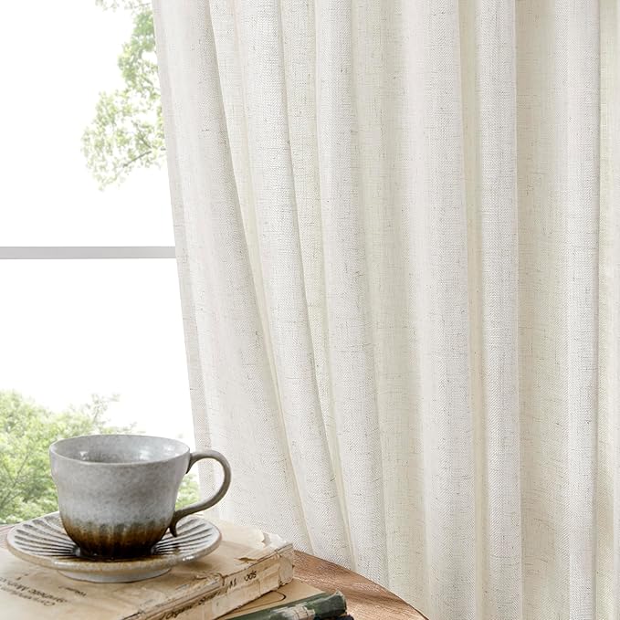 Joydeco Light Filtering Curtains 96 Inch Length for Bedroom, Linen Curtains 96 Inch Length 1 Panel Set for Living Room，White Semi Sheer Drapes 96 Inches Long with Rod Pockets