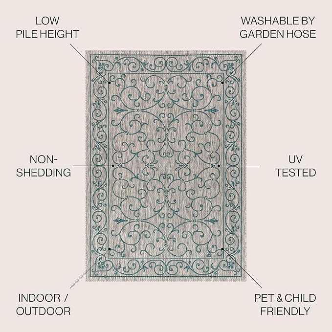 JONATHAN Y Vintage Filigree Indoor Outdoor Area Rug 8X10 Gray/Teal, Charleston Textured Weave for Backyard, Patio, Porch, Easy-Cleaning, High Traffic, Pet-Friendly, Non-Shedding (SMB106E-8)