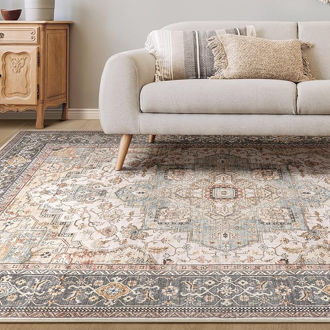 Washable Area Rugs for Living Room - 10x12 Neutral Vintage Distressed Floral Farmhouse Boho Large Soft Floor Rug Indoor Non Slip Carpet for Living Room Bedroom Dining Room Office - Forest Green Orange