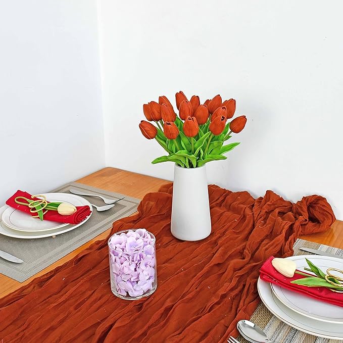 Mandy's Artificial Tulips 20 Stems Dark Orange PU Faux Flowers for Wedding Home Decor 13.5 Inch