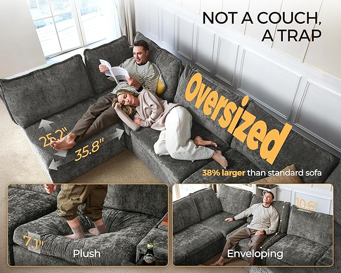 Oversized Modular Sofa Comfy Cloud Couch with Storage, Extra Deep Plush Sectional Sofa Set for Living Room, Covers Washable, Chenille, Olar (Grey, 6-seatser with Corner & Ottoman, v-Shaped)