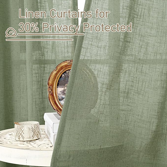 LAMIT Linen Curtains 102 Inches Long for Living Room, Bronze Grommet Linen Textured Sheer Curtains Light Filtering Drapes for Boho Farmhouse, 2 Panels, 52 x 102 Inch, Sage Green